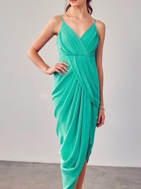 DO+BE Teal Draped V-Neck Midi Dress